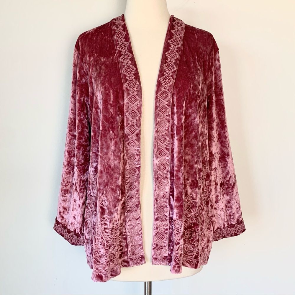 JM Collection Pink Crushed Velvet Embroidered Cardigan Petite L